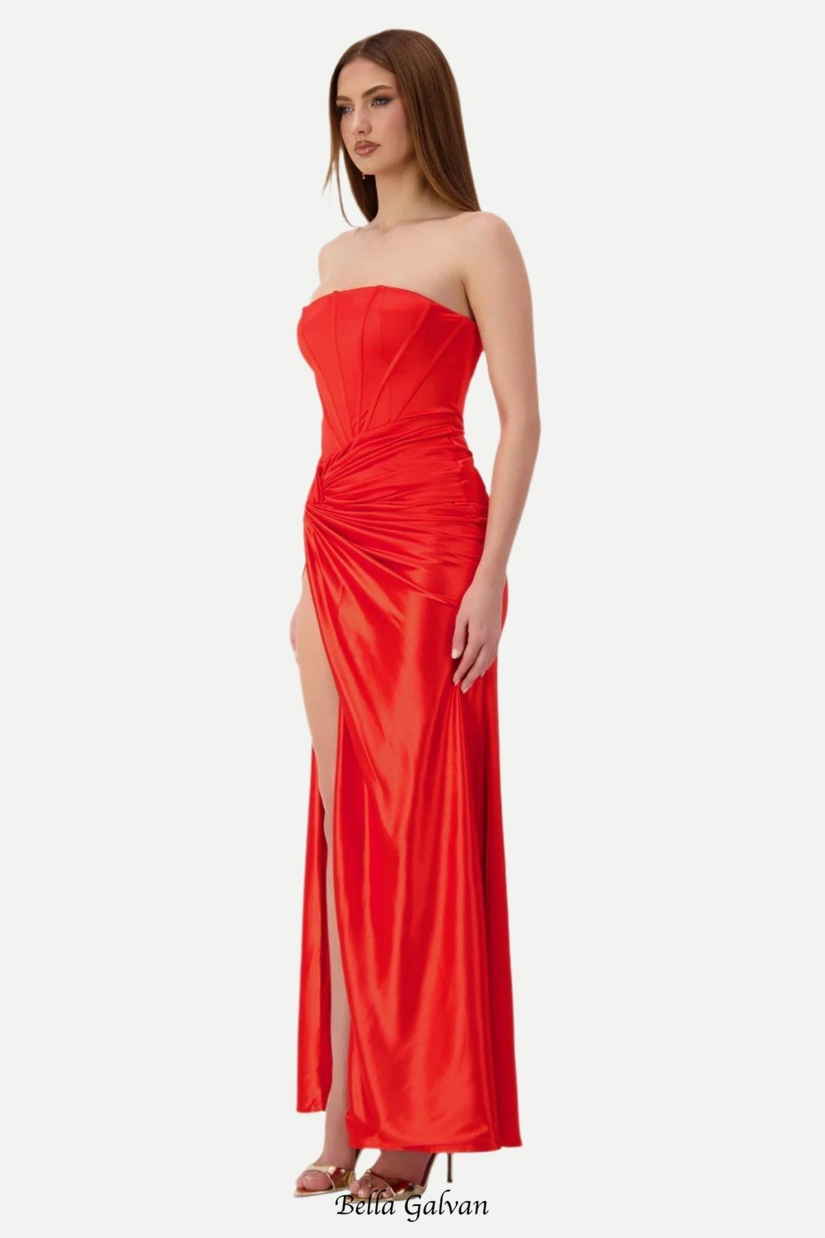 pleated strapless high slit maxi dress in red Flowering Girl