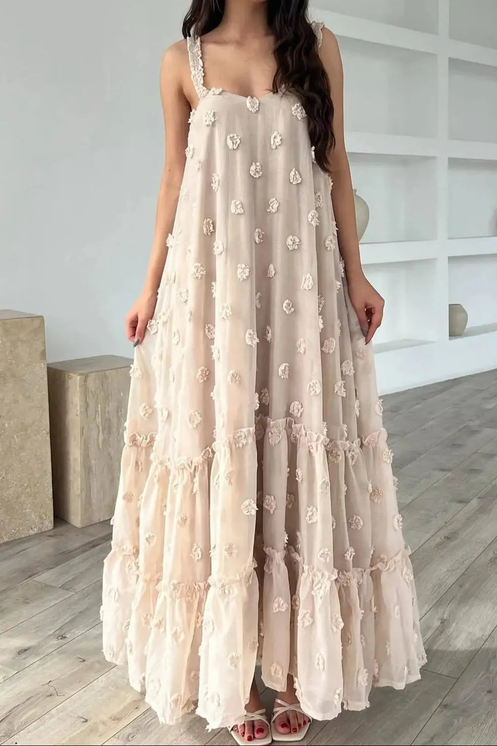 Annabelle Jacquard Strap Maxi Dress In Apricot Flowering Girl