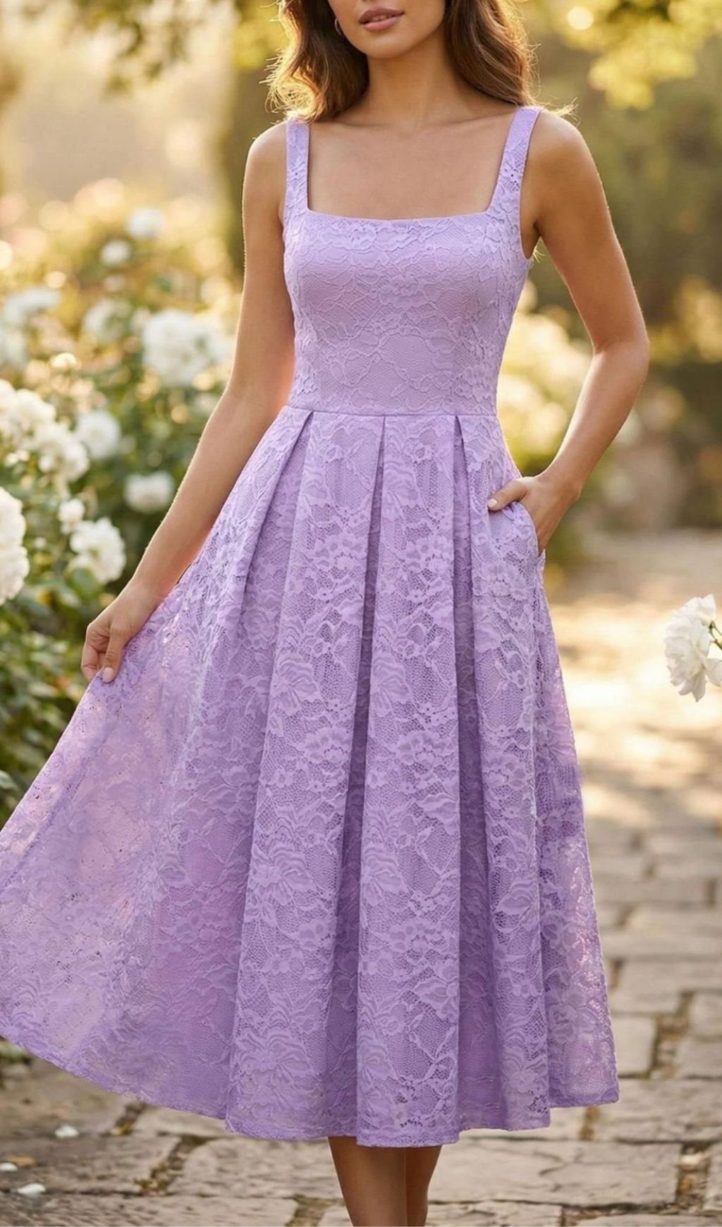 Keona Purple Lace Square Neck Midi Dress Flowering Girl