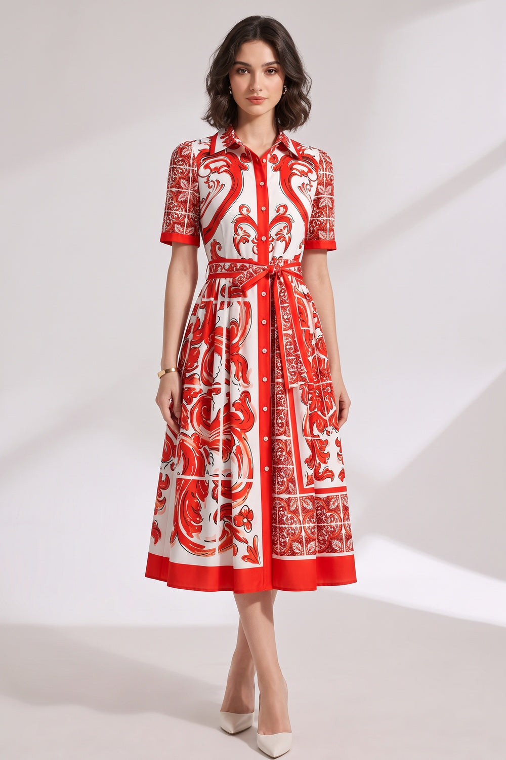 Printed Structured Cotton Or Silk Blend A-Line, Fit-And-Flare Shirt Dress Flowering Girl