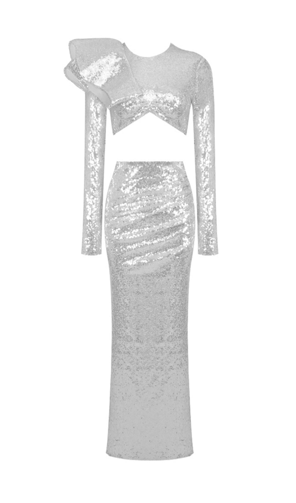 Long Sleeve Sequin Maxi Two Piece Dress Silver Flowering Girl