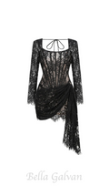 long sleeve lace corset draped mini dress in black Flowering Girl