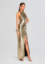 Champagne gold halter neck backless slit gown Flowering Girl
