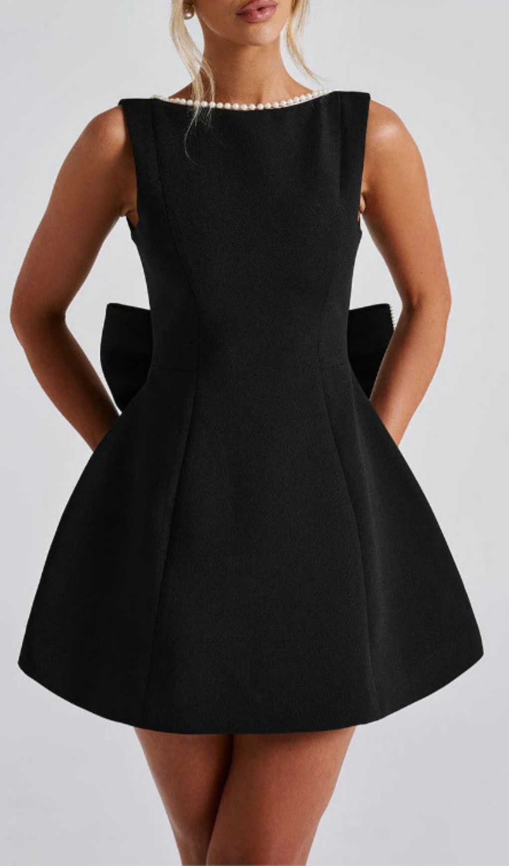 Eimear Black Backless Pearl Bow Mini Dress Flowering Girl