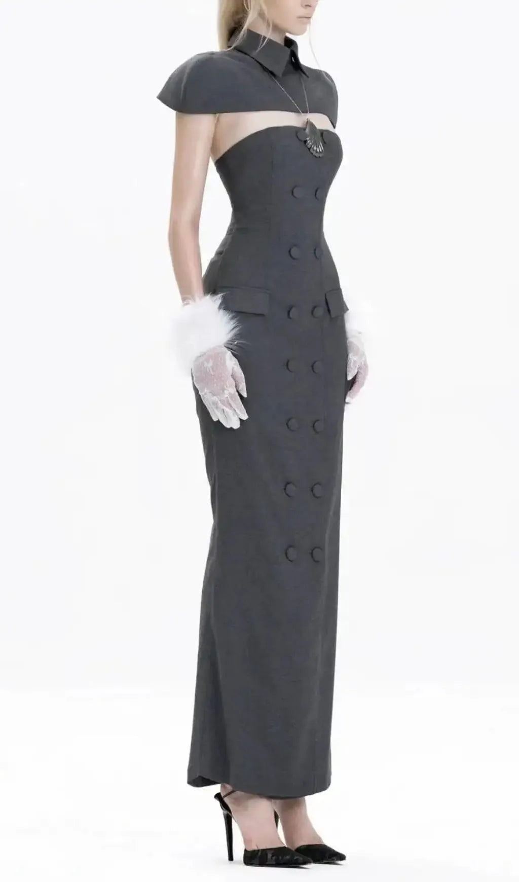 Double-Breasted Strapless Sleeveless Suit With Lapel - Grey Flowering Girl