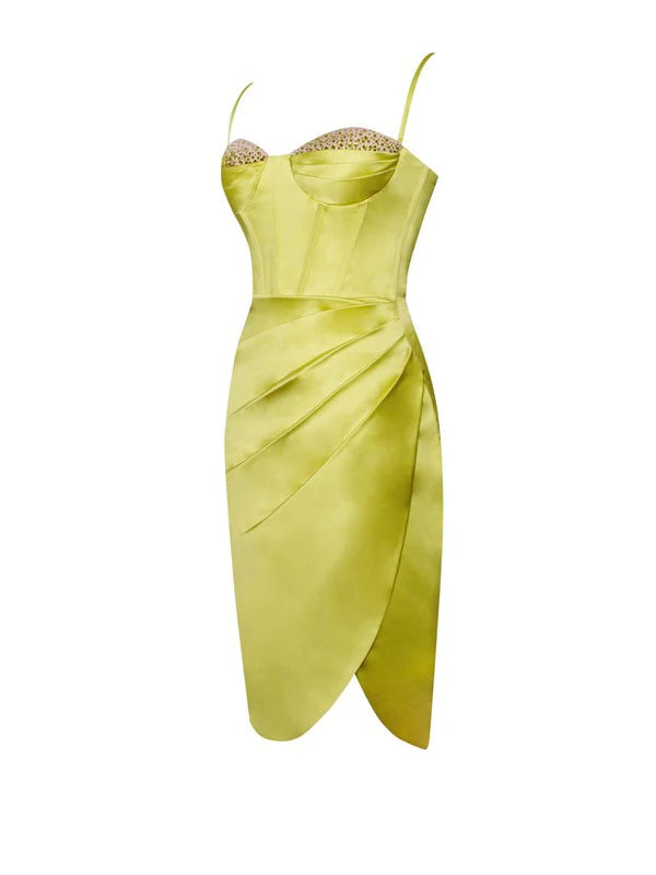 Lemon Yellow Pleated Satin Mini Dress Flowering Girl