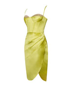 Lemon Yellow Pleated Satin Mini Dress Flowering Girl