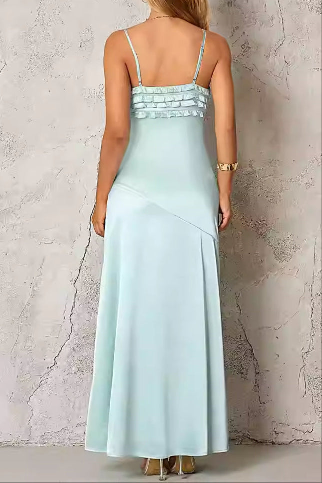 Simona Ruffle Trim Silk Maxi Dress In Mint Flowering Girl