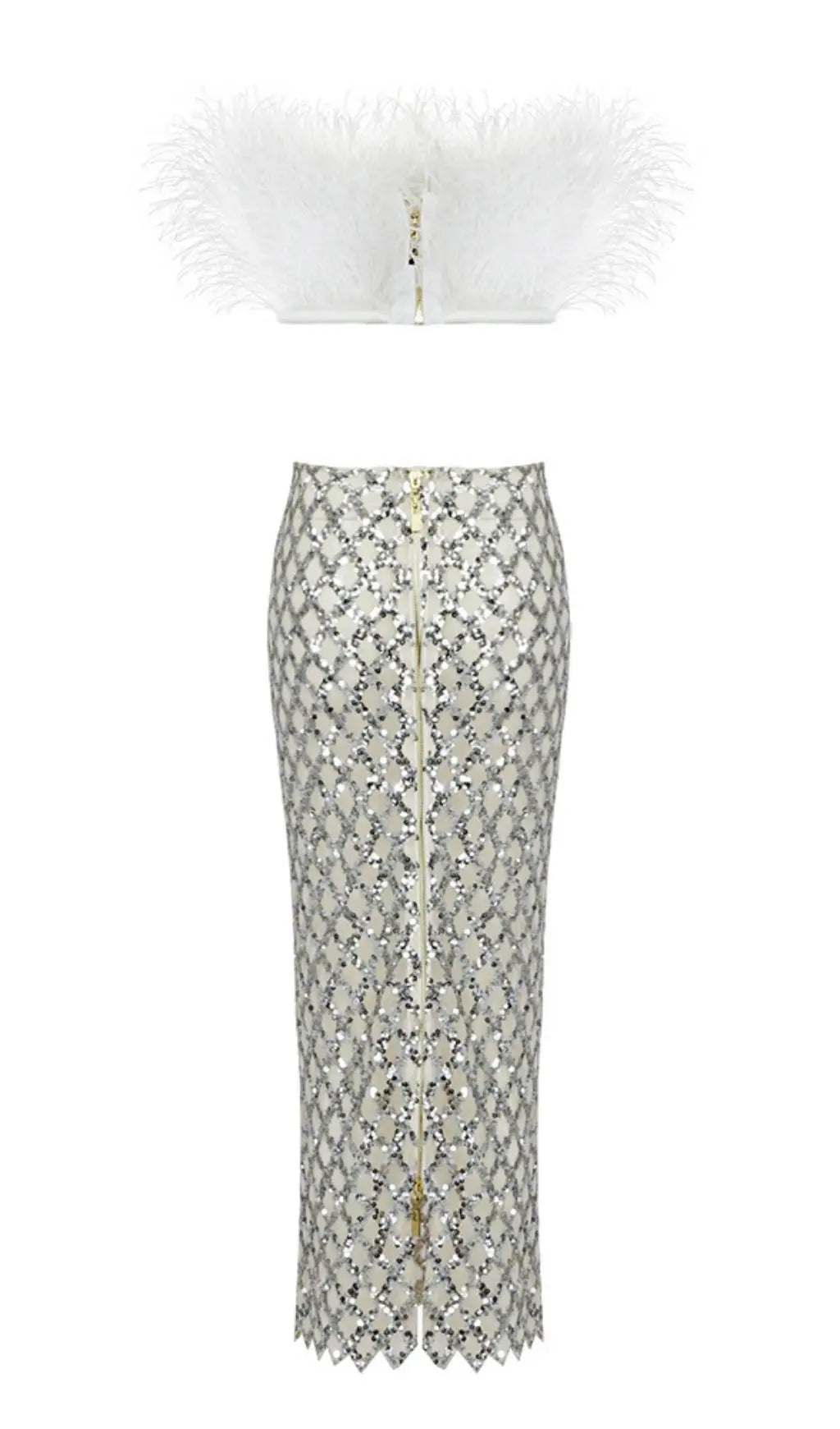 Feather Sequin Two Piece Set In White Flowering Girl