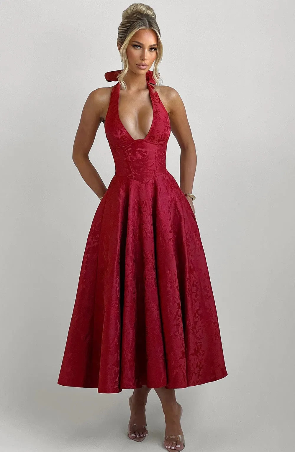 Effie Back Bow Midi Dress - Red Flowering Girl