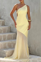 Lace-Up Beveled Back Satin Maxi Dress In Lemon Yellow Flowering Girl