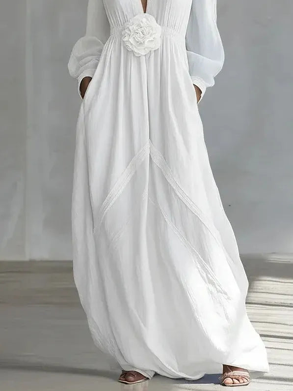 White Deep V-neck Three-dimensional Floral Maxi Dress Flowering Girl