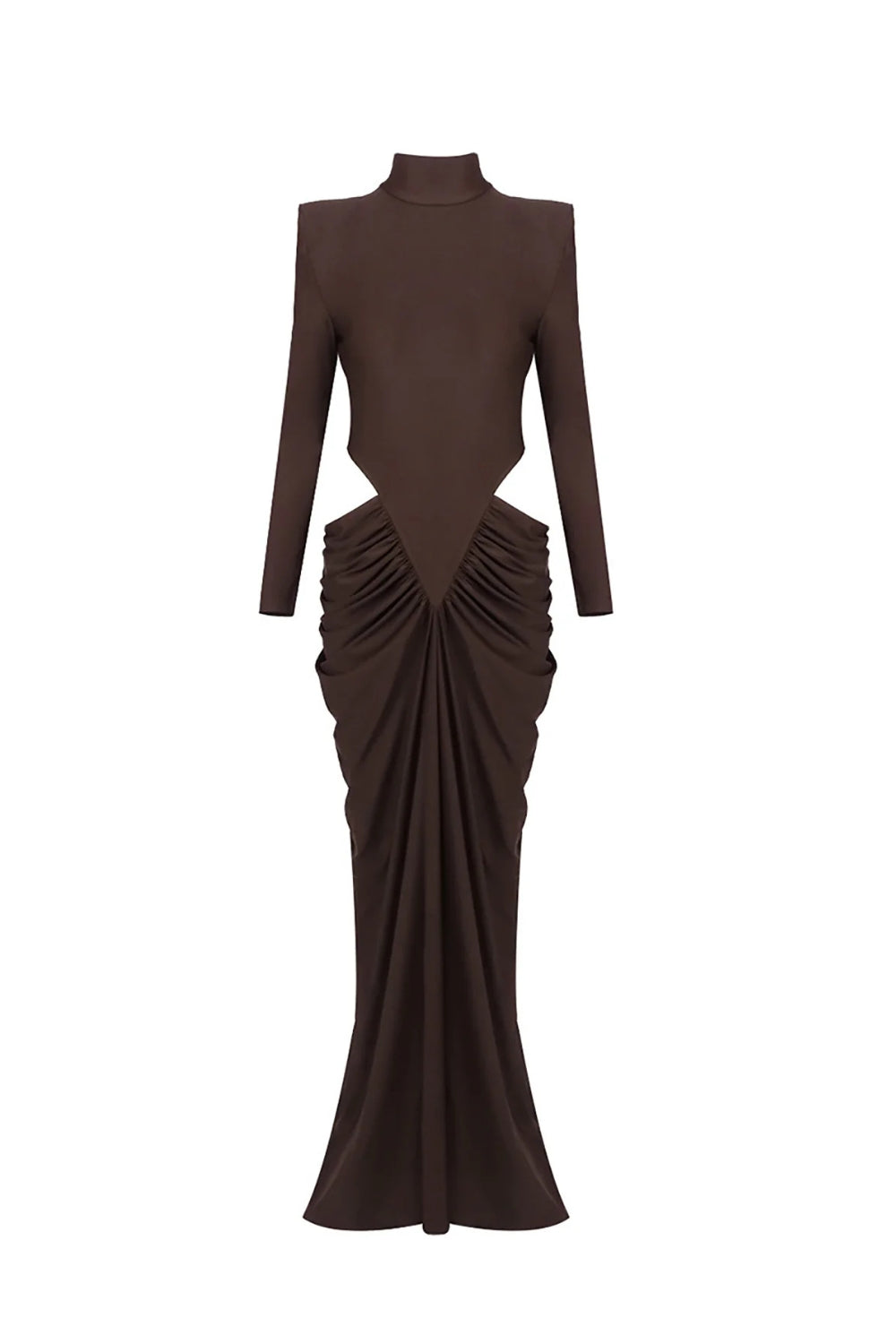 Jacqueline Turtleneck Long Sleeve Cutout Bodycon Gown In Brown Flowering Girl