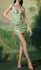 CUSI CORSET RUCHED MINI DRESS IN GREEN Flowering Girl