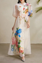Single-Breasted Floral Printed Puff Sleeve Maxi Dress In Apricot Flowering Girl