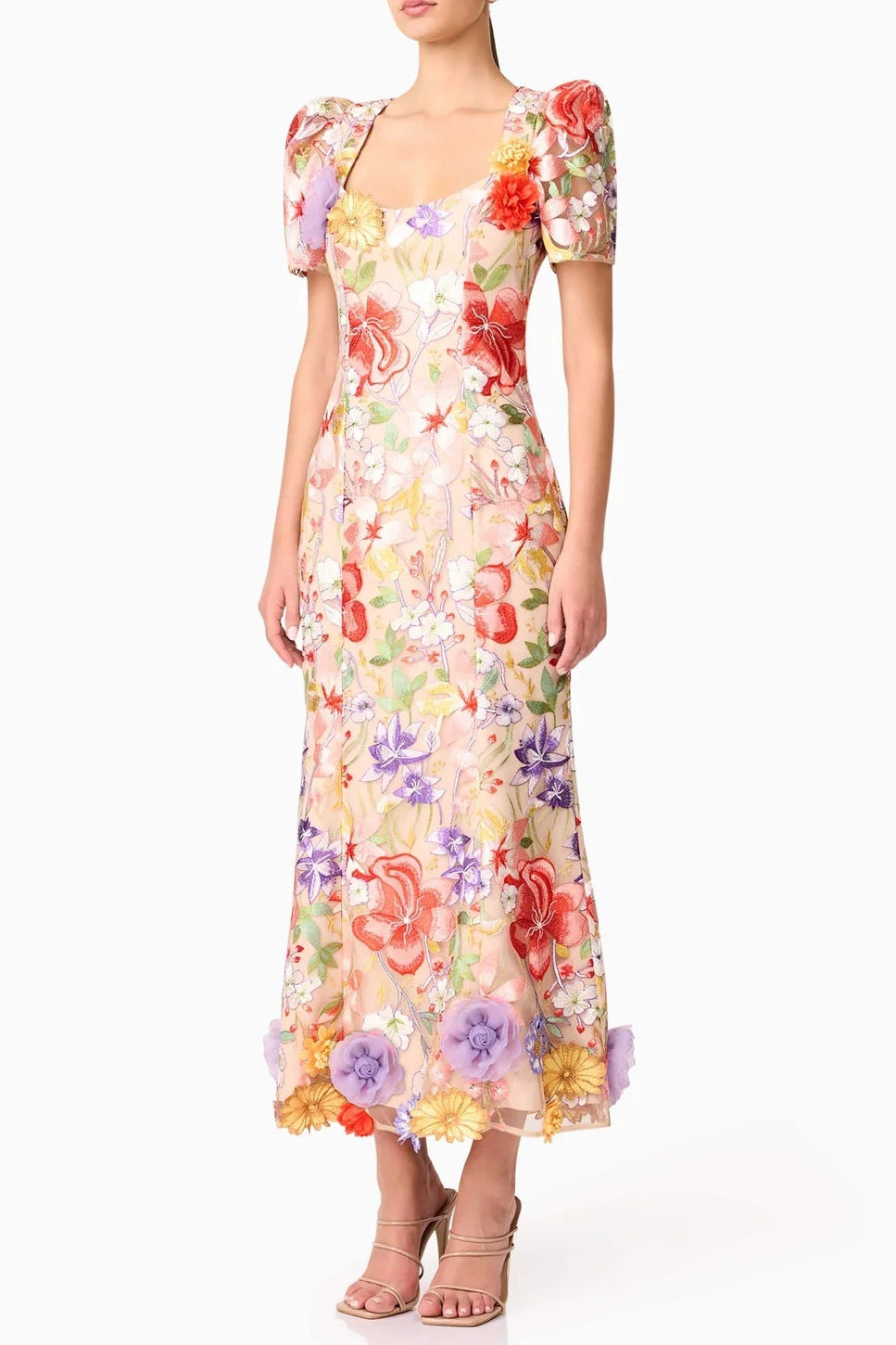 Trista Multicolor Square Neck Backless Mesh Embroidered Fishtail Maxi Dress Flowering Girl