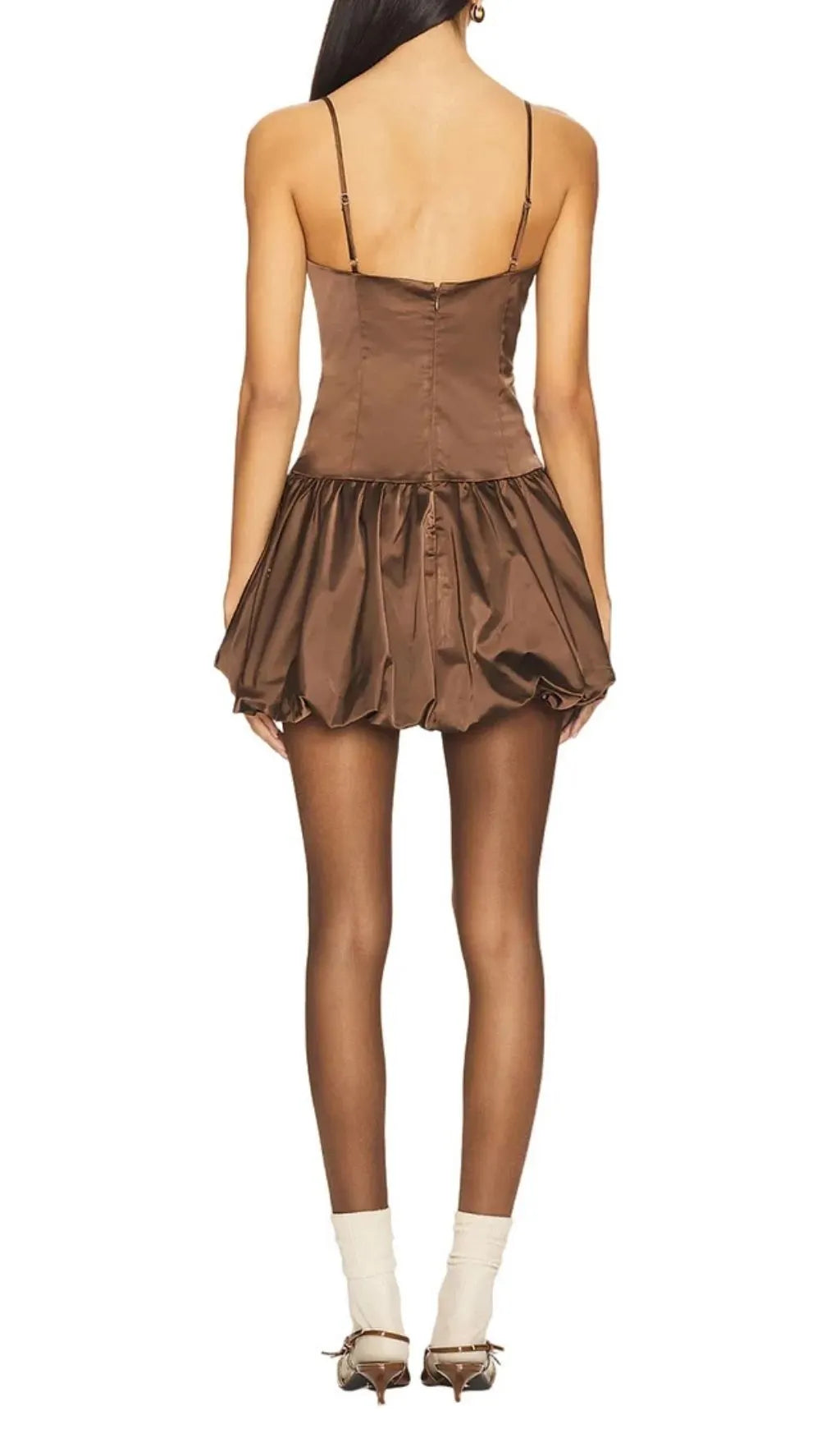 Ottoia Satin Puffy Mini Dress - Brown Flowering Girl