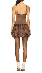 Ottoia Satin Puffy Mini Dress - Brown Flowering Girl