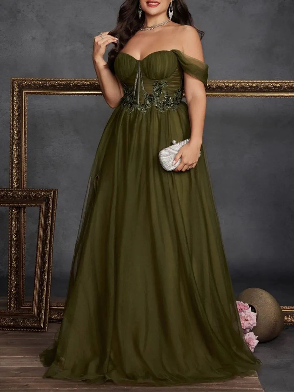 Marella Green Off Shoulder Plus Size Maxi Dress Flowering Girl