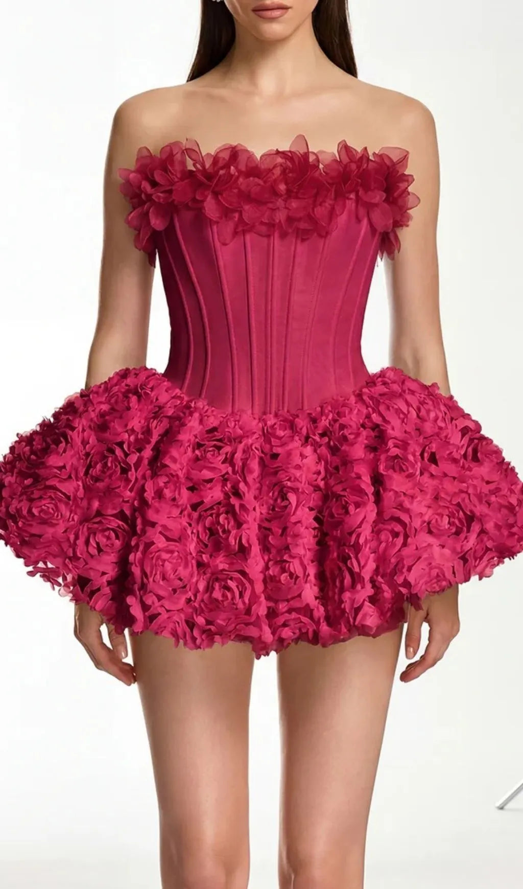 Ulthar Strapless Flower Mini Dress In Hot Pink Flowering Girl