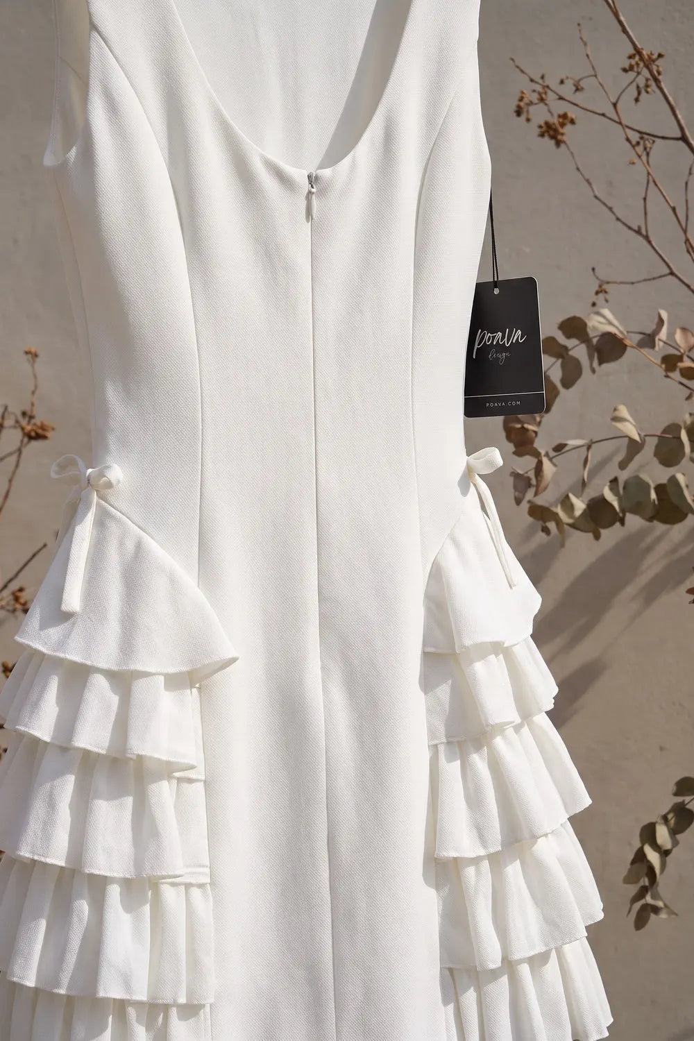 White Structured Crepe A-Line Dress with Side Ruffles Flowering Girl