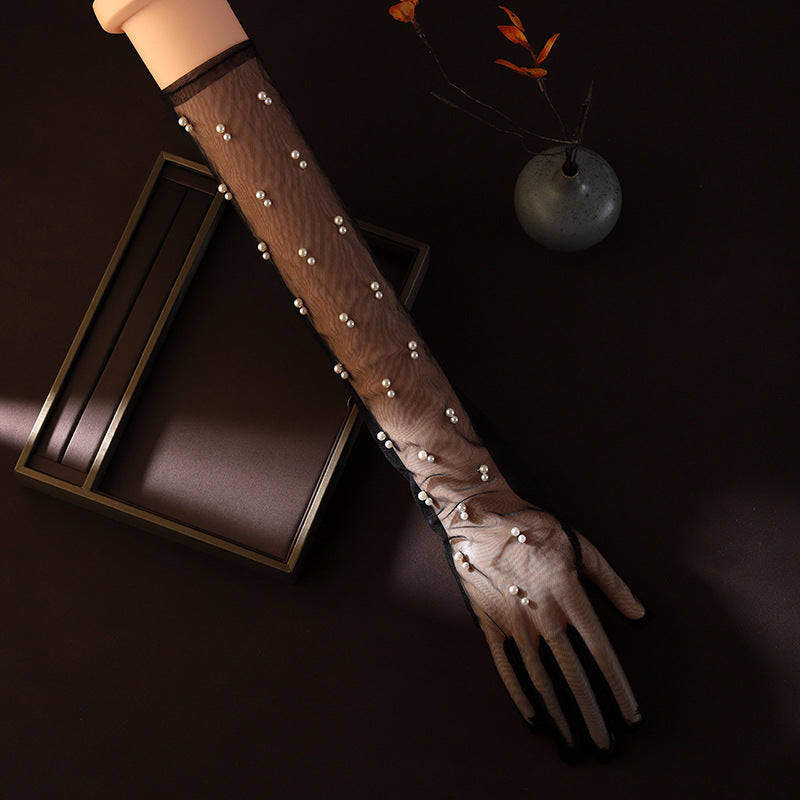 Black Mesh Pearl Gloves Flowering Girl