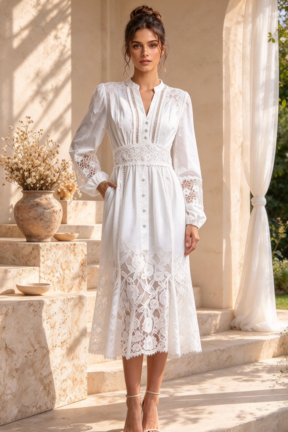 White Cotton Poplin Fit-and-Flare Dress with Lace Inserts Flowering Girl