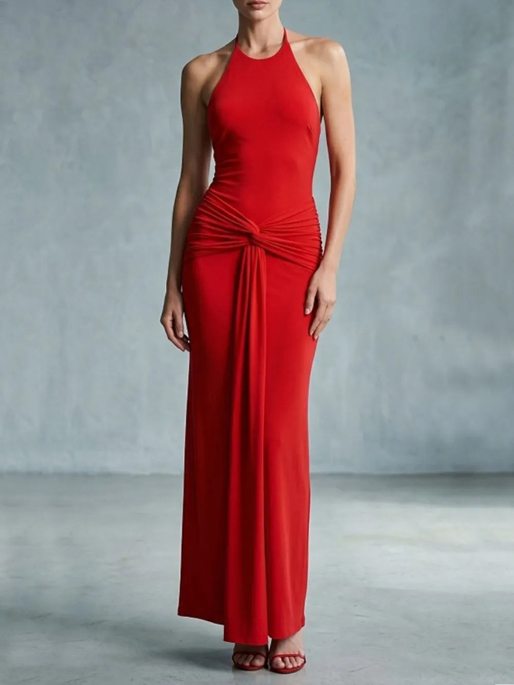 Maine Red Halter Backless Maxi Dress Flowering Girl