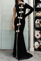 Victoria Bow Cascade Velvet Maxi Dress In Black Flowering Girl