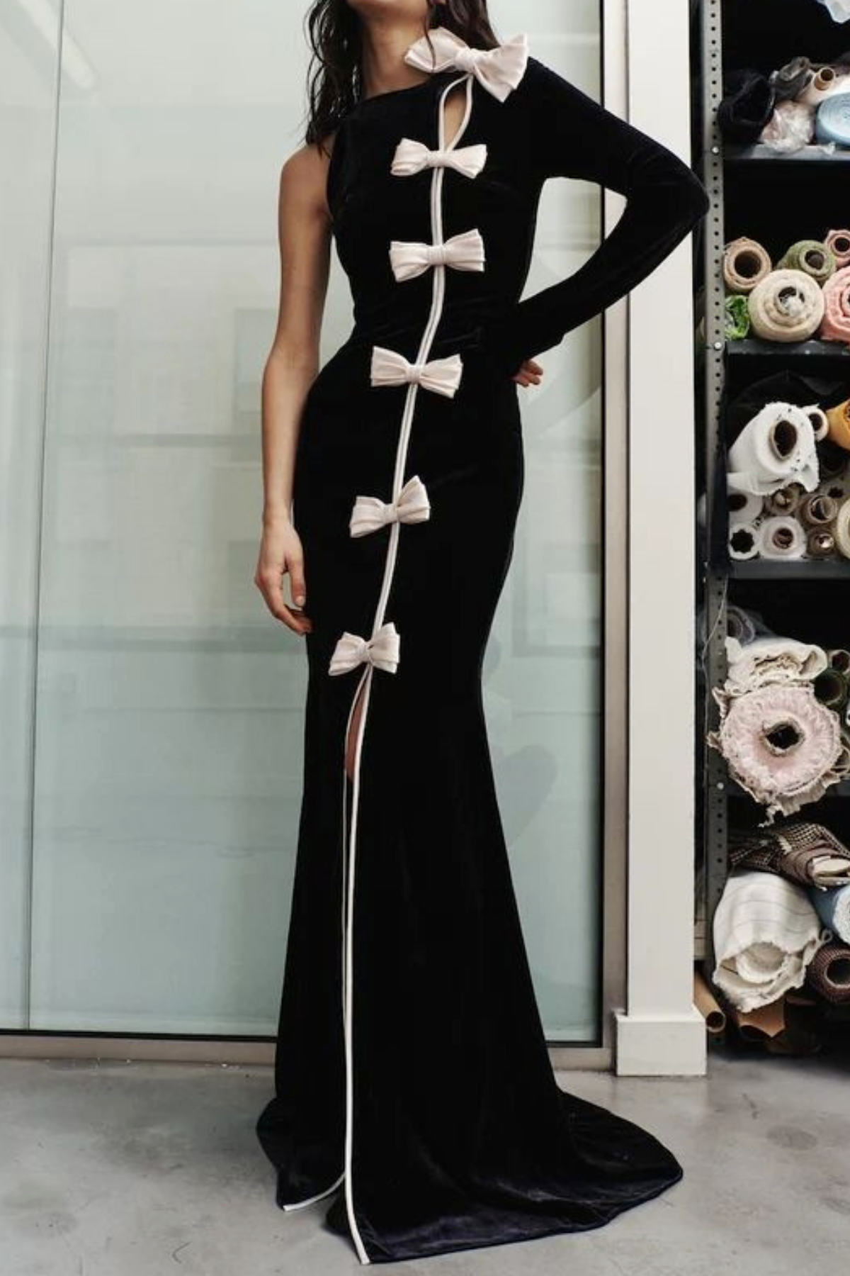 Victoria Bow Cascade Velvet Maxi Dress In Black Flowering Girl