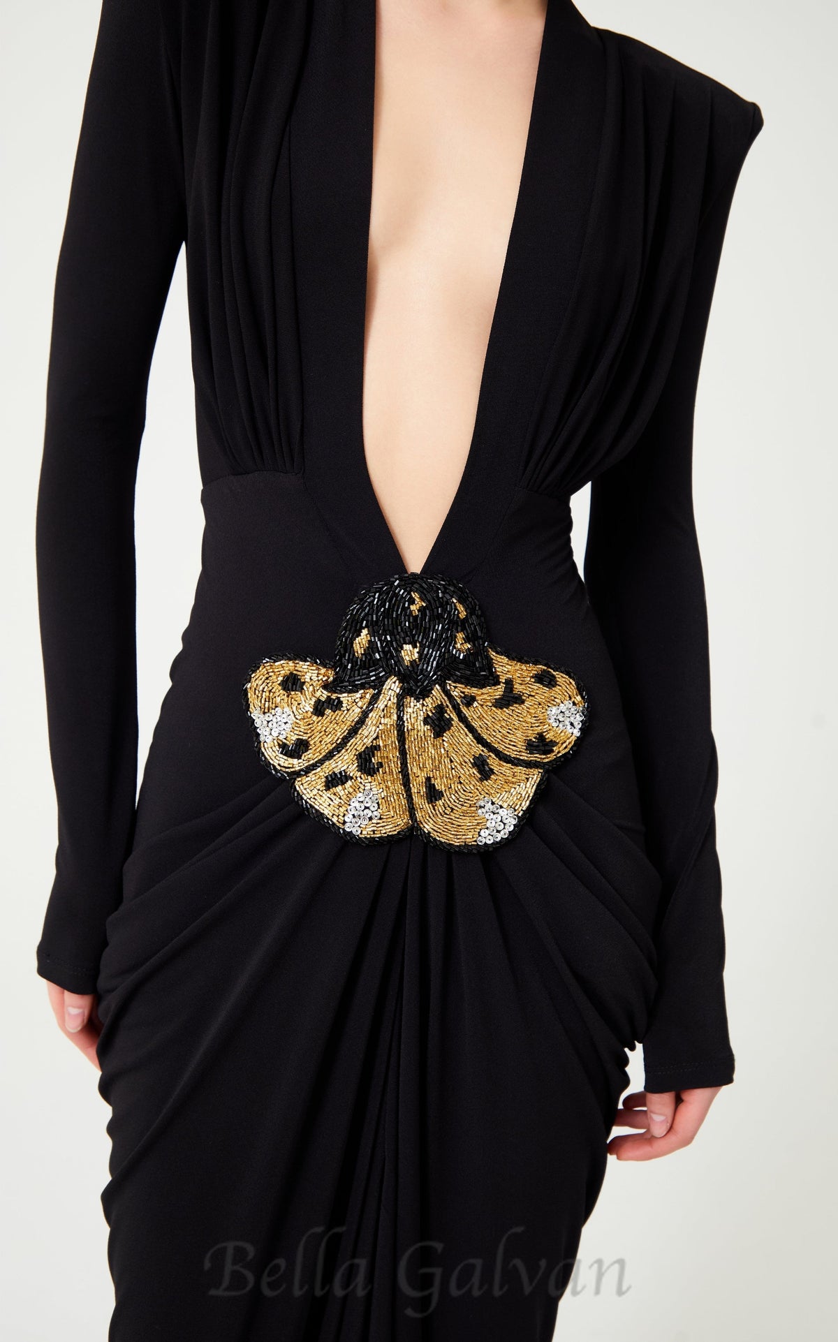 Black Stretchy Gold Flower Embroidered V-Neck Long Sleeved Maxi Dress Flowering Girl