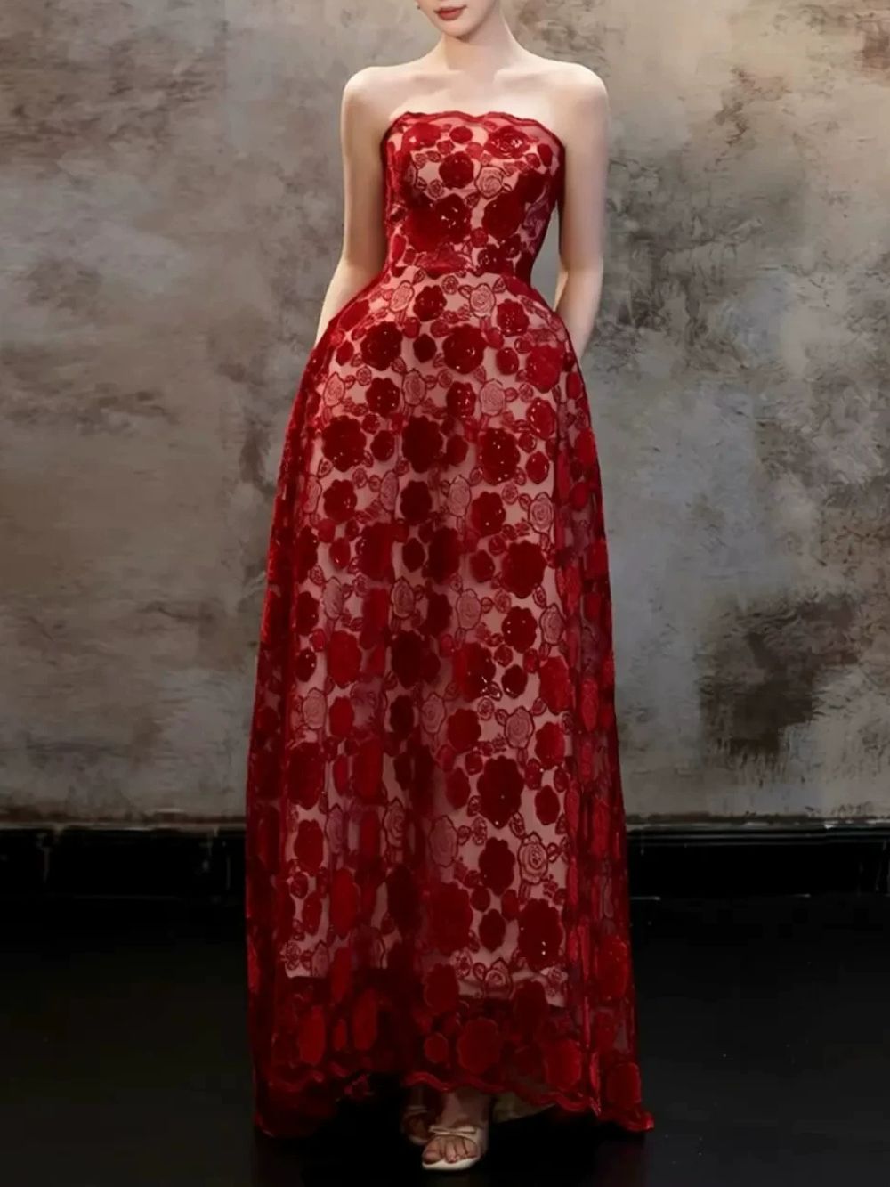 MyAnna Red Strapless Floral Maxi Dress