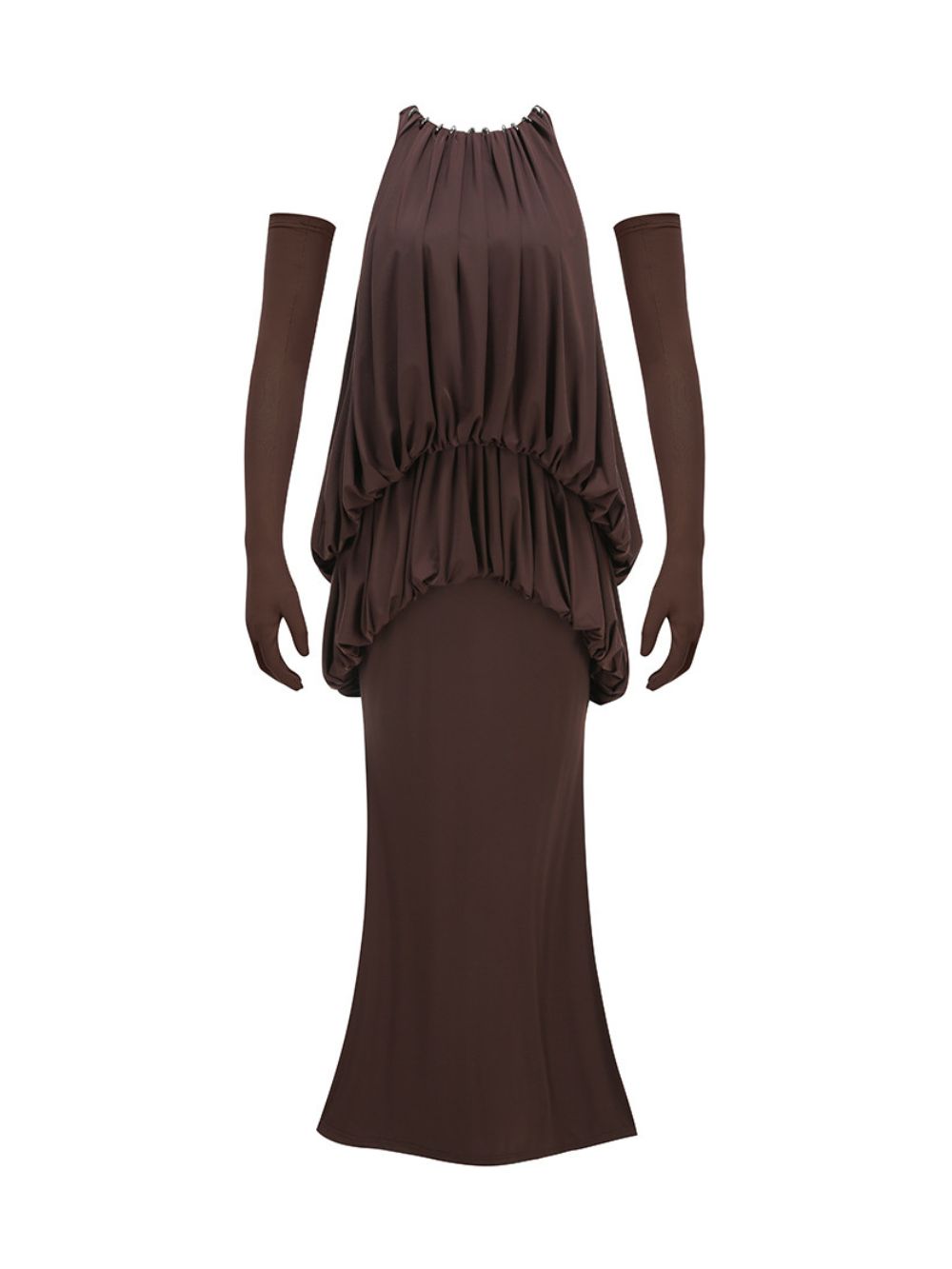 Myna Coffee Halter Pleated Maxi Dress With Gloves
