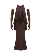 Myna Coffee Halter Pleated Maxi Dress With Gloves