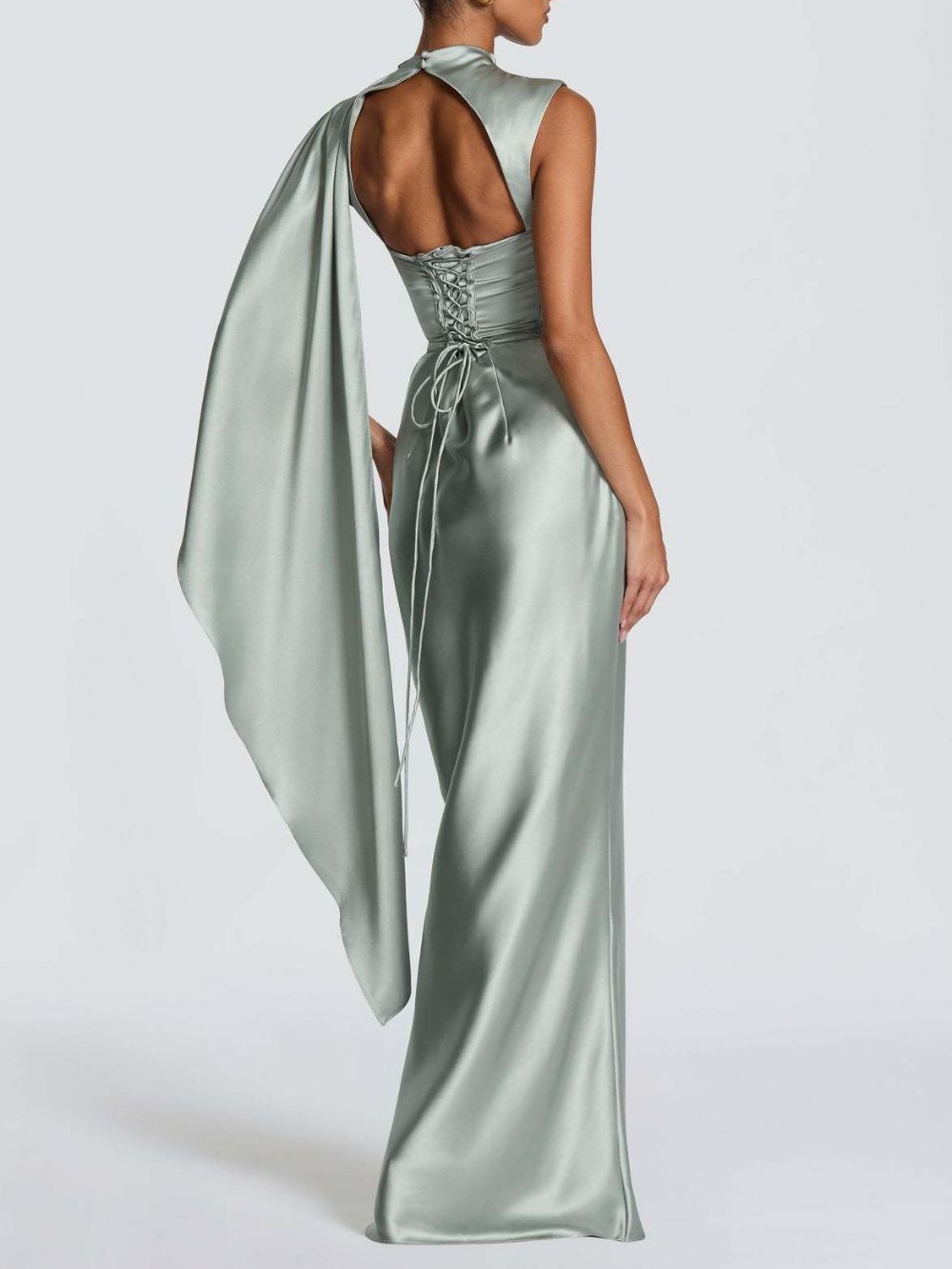 Sage Green Satin Asymmetrical Evening Gown with Draped Panel Flowering Girl