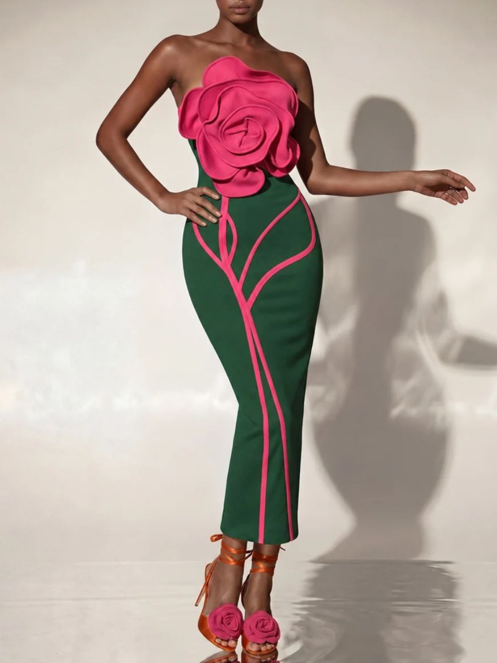 Caldren Strapless Flower Bandage Midi Dress In Green Flowering Girl
