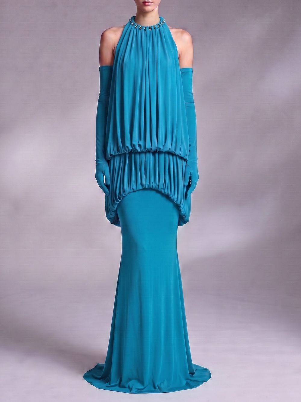 Myna Blue Halter Pleated Maxi Dress With Gloves