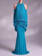 Myna Blue Halter Pleated Maxi Dress With Gloves