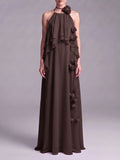 Myriam Coffee Halter Flower Maxi Dress