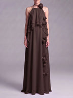 Myriam Coffee Halter Flower Maxi Dress