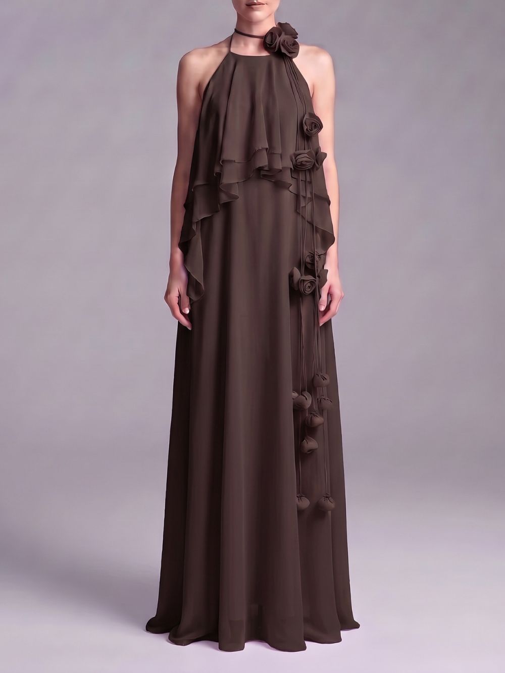 Myriam Coffee Halter Flower Maxi Dress