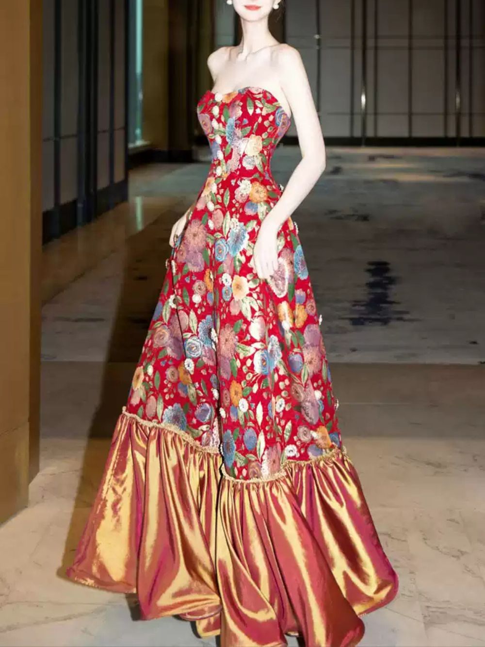 Mozelle Red Strapless Floral Maxi Dress