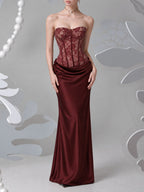 Myli Strapless Lace Ruched Maxi Dress