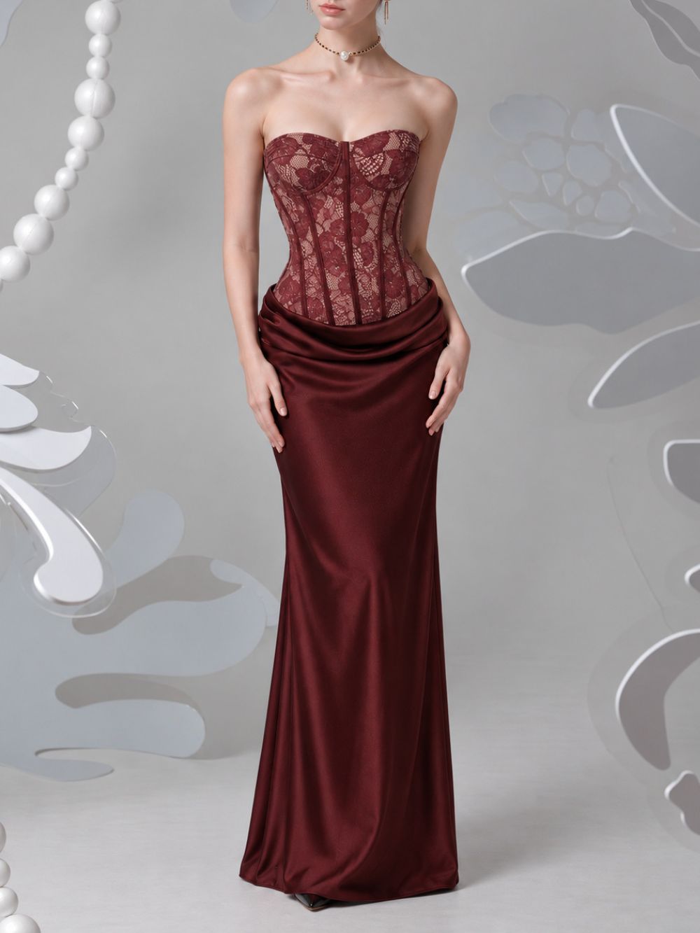 Myli Strapless Lace Ruched Maxi Dress