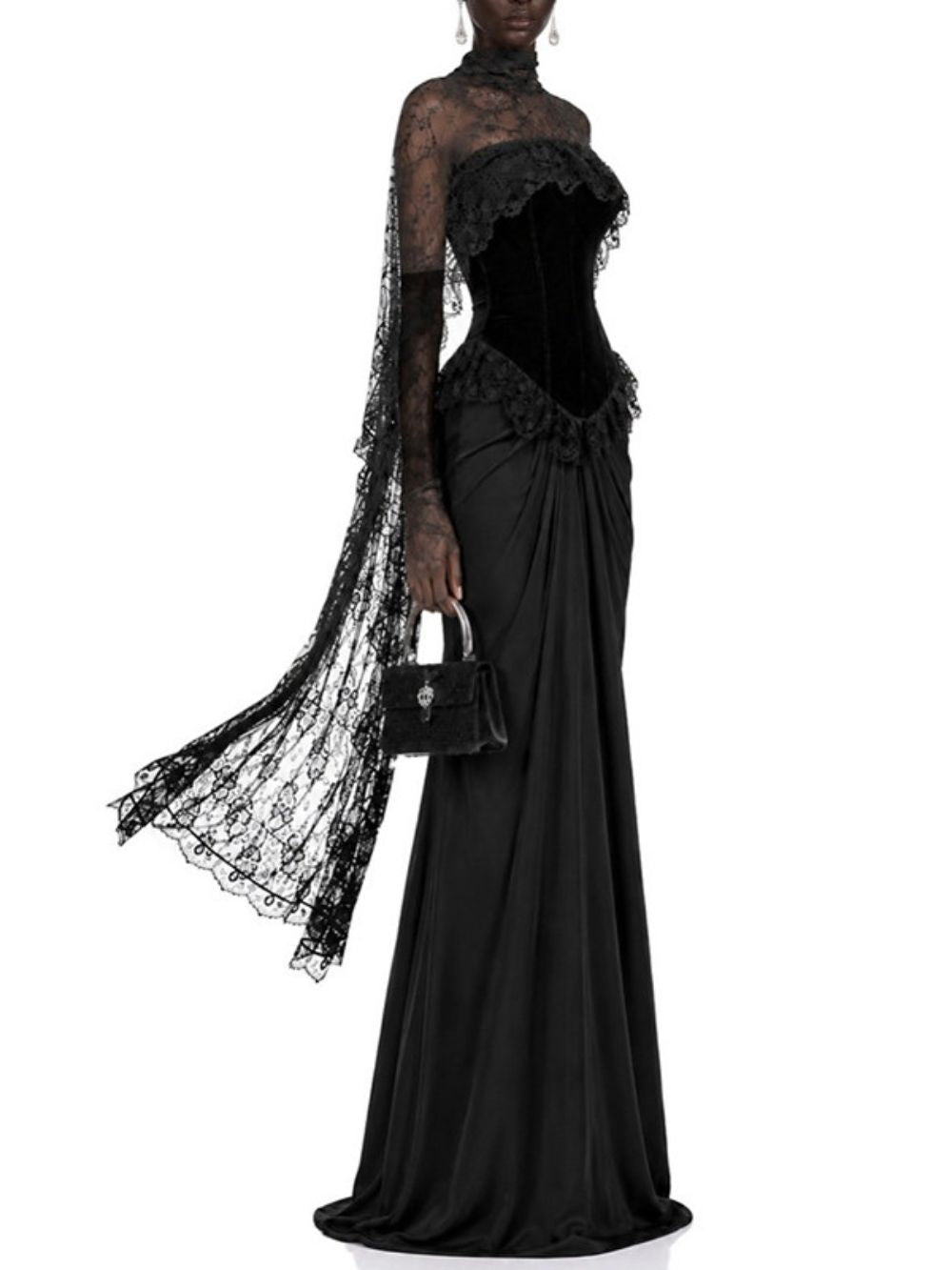 Black Velvet Corset Evening Gown with Lace Cape Sleeves and Satin Skirt