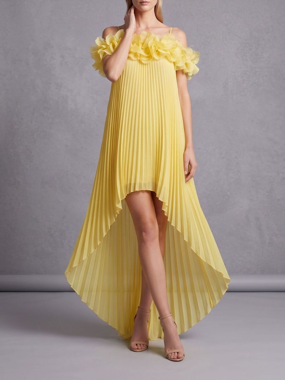 Mylie Yellow Spaghetti Flower Pleated Maxi Dress