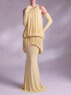 Myna Yellow Halter Pleated Maxi Dress With Gloves