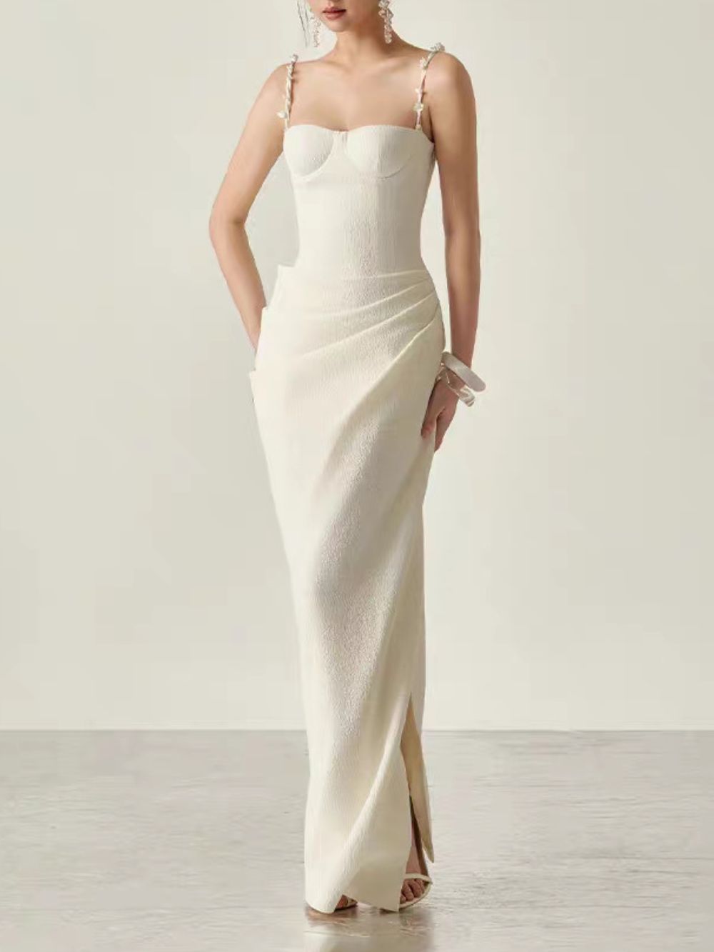 Myer White Spaghetti Ruched Maxi Dress