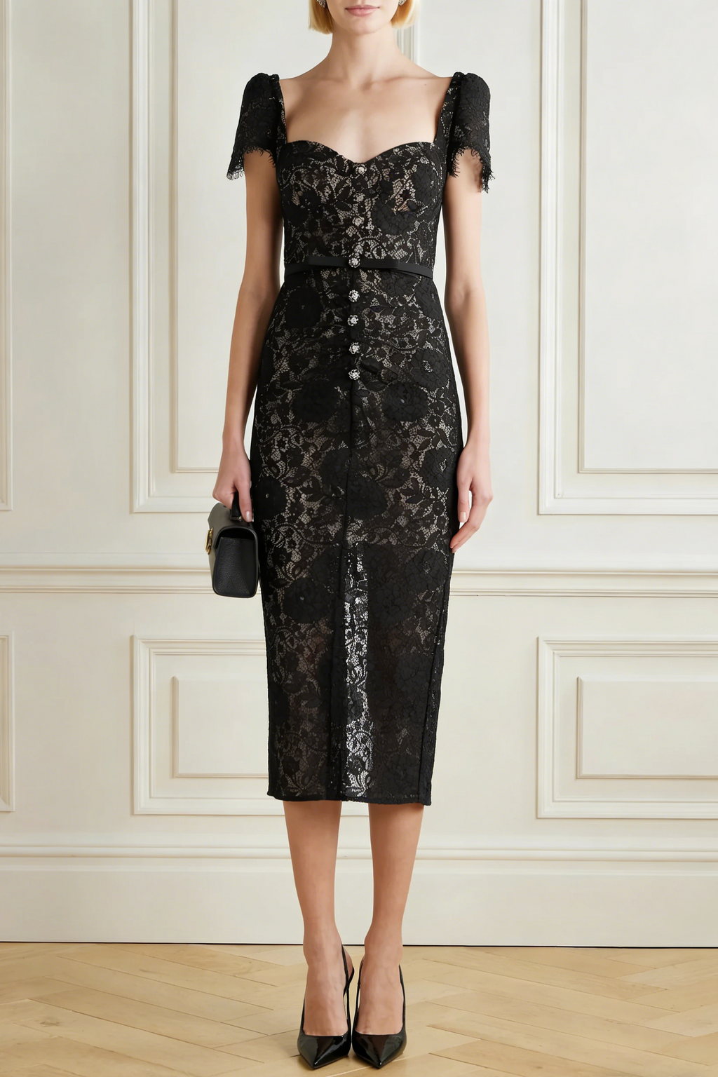 Helen Black Belted Embellished Cotton-Blend Lace Midi Dress Flowering Girl