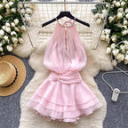 Halter Neck Beaded Mini Dress With Ruffled Chiffon Flowering Girl